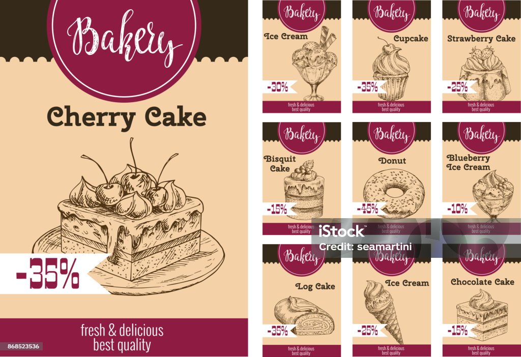 Vector dessert cakes sketch price for bakery Desserts and cakes price card with discount for bakery shop or cafeteria and cafe. Vector sketch ice cream, berry and fruit cupcake, chocolate biscuit or pies and pastry tiramisu or brownie cookie Brownie stock vector