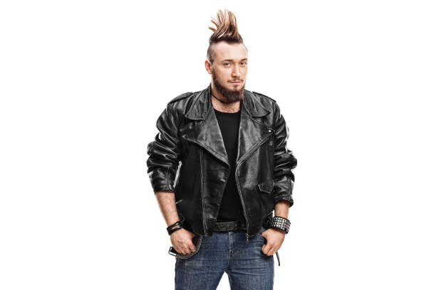 Punker in a black leather jacket Punker in a black leather jacket isolated on white background mohawk stock pictures, royalty-free photos & images