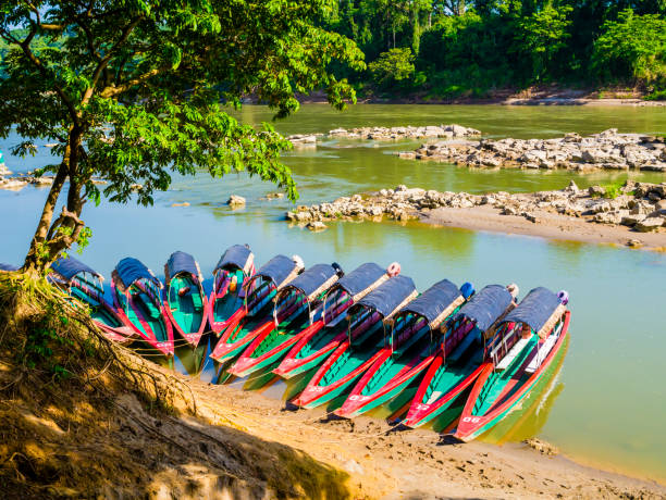 barcos turísticos de yaxchilán, chiapas, frontera méxico-guatemala - rio usumacinta fotografías e imágenes de stock