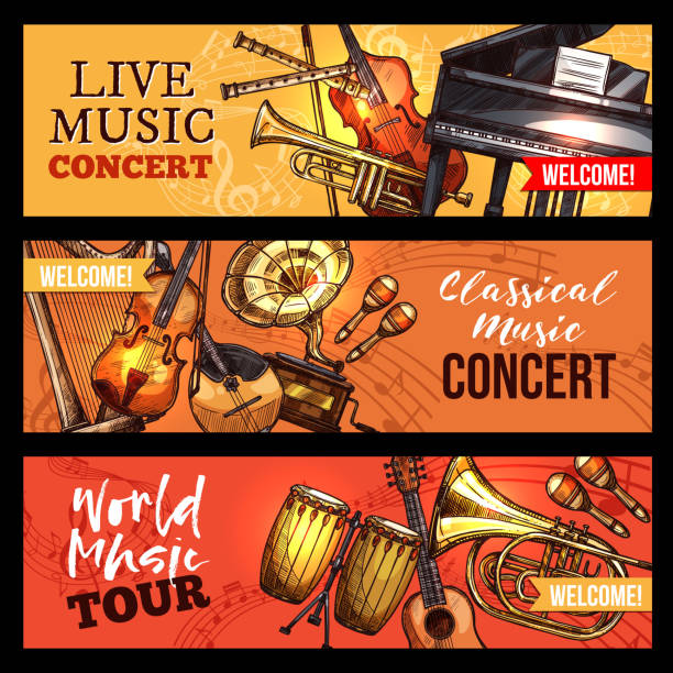 ilustraciones, imágenes clip art, dibujos animados e iconos de stock de carteles de conciertos de música vector esbozo instrumentos - blues harp