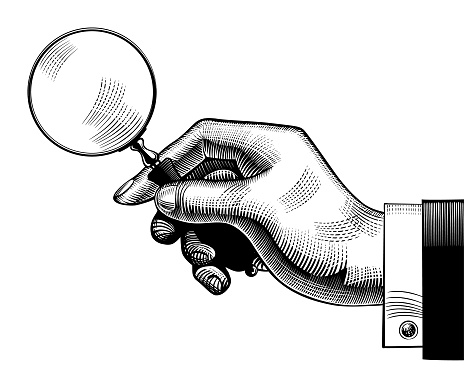 Hand with an old magnifying glass. Retro style search sign and icon. Vintage engraving stylized drawing. Vector illustration