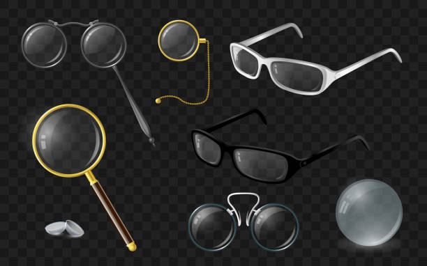 Set of optics - modern vector realistic isolated clip art Set of optics - modern vector realistic isolated clip art on transparent background. Stylish spectacles, glasses, lenses, monocle, lorgnette, loupe, pince-nez black and white eyeglasses clip art stock illustrations