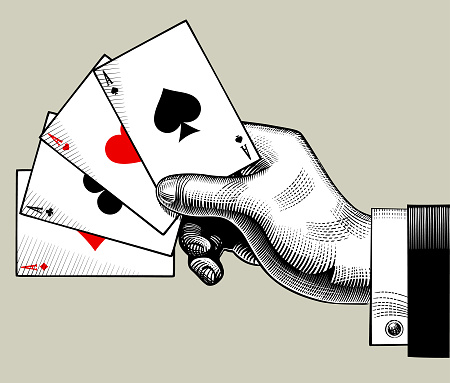 Hand with ace playing cards fan. Vintage engraving stylized drawing. Vector illustration
