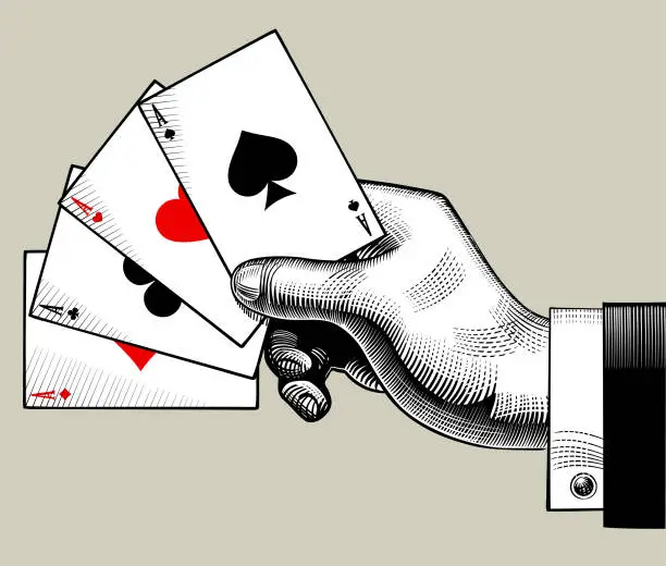 Vector illustration of Hand with ace playing cards fan. Vintage engraving stylized drawing