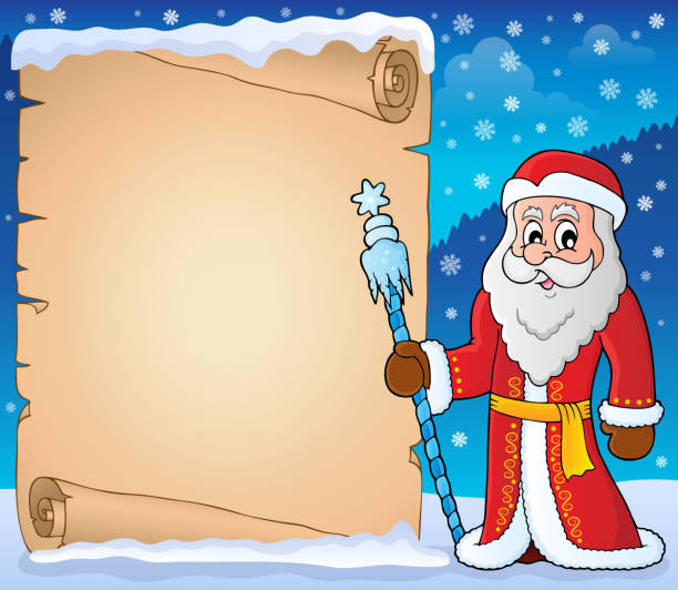 ilustrações, clipart, desenhos animados e ícones de pergaminho de tema pai frost 5 - christmas parchment holiday frost