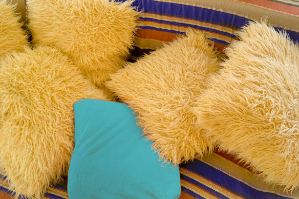Beige and blue artificial wool cushions on the striped couch