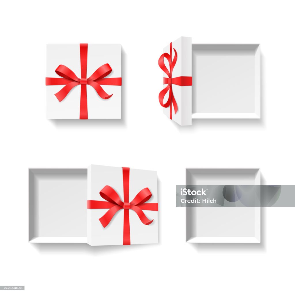 Caja de regalo abierta vacía con nudo de lazo de color rojo y la cinta aislado sobre fondo blanco. - arte vectorial de Caja de regalo libre de derechos