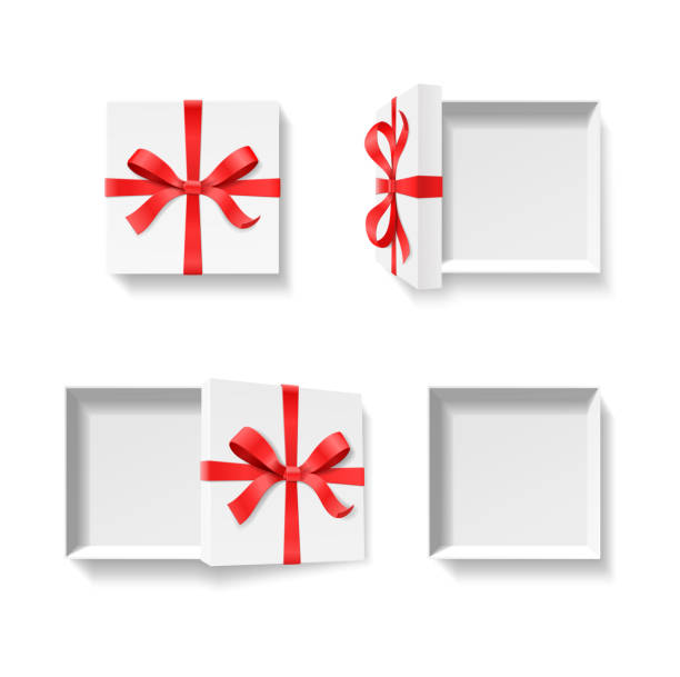 ilustraciones, imágenes clip art, dibujos animados e iconos de stock de caja de regalo abierta vacía con nudo de lazo de color rojo y la cinta aislado sobre fondo blanco. - white background gift christmas wrapping paper