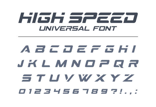 High speed universal font. Fast sport, futuristic, technology, future alphabet. High speed universal font. Fast sport, futuristic, technology, future alphabet. Letters and numbers for military, industrial, electric car racing logo design. Modern minimalistic vector typeface dynamic microphone stock illustrations