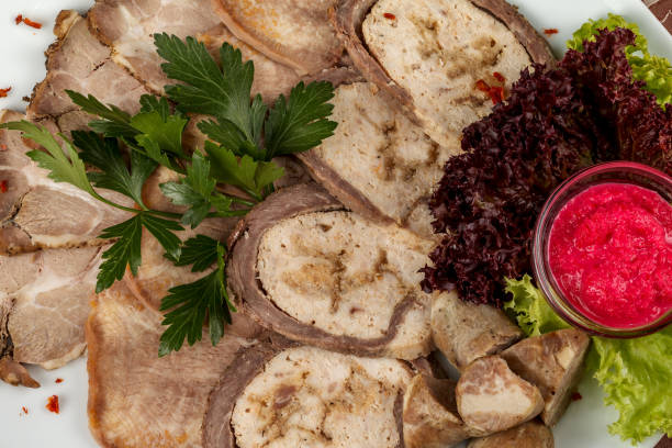 cold appetizer of meat products with horseradish - smoked tongue imagens e fotografias de stock