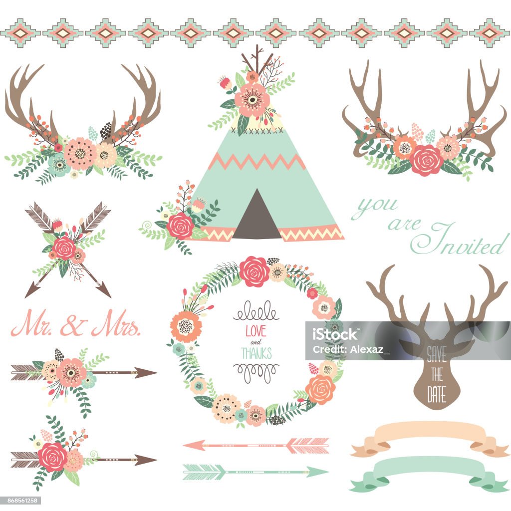 Floral Tribal collections.Floral Antlers,Teepee Tents,Wedding floral,Arrow,Wreath,Wedding Invitation. The vector for Floral Tribal collections.Floral Antlers,Teepee Tents,Wedding floral,Arrow,Wreath,Wedding Invitation. Arrow Symbol stock vector