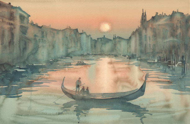 Sunset in Venice watercolor landscape with a gondola
