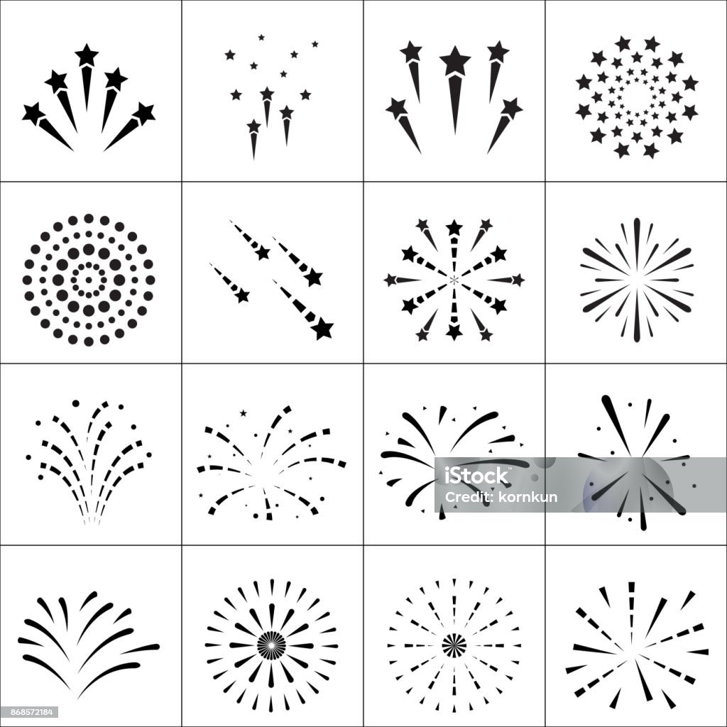 Fuego artificial iconos plana - arte vectorial de Fuegos artificiales libre de derechos