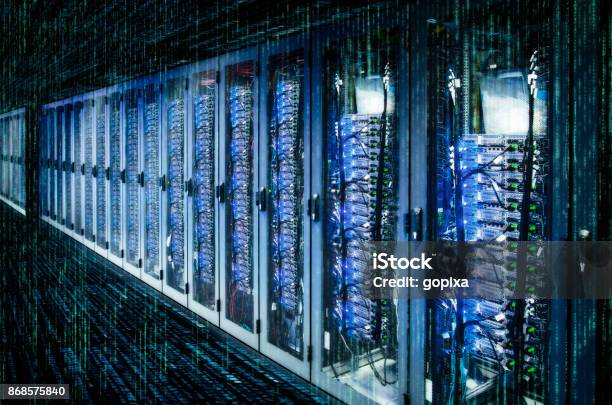 Server Racks In A Data Center Stock Photo - Download Image Now - Computer Lab, Blue, Cloud Computing