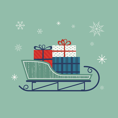 Santa Sleigh icon. Christmas snow sledge with gifts present boxes. Flat simple minimal style in retro colors. Design element for winter holiday season new year event. Vector illustration