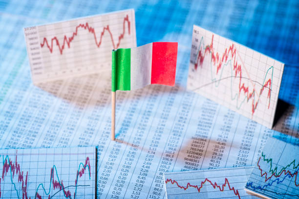 Economic development in Italy Italian flag with price tables and graphs on economic development. europa mythological character photos stock pictures, royalty-free photos & images
