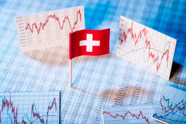 Swiss flag with price tables and graphs on economic development.