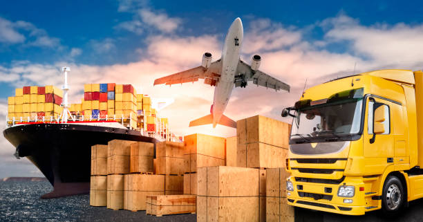 Trucks, aircraft and ships for the transport of goods stock photo