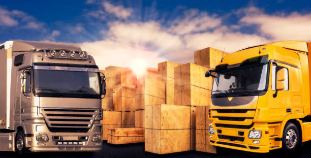 istock Two modern trucks and many transport boxes 868576130