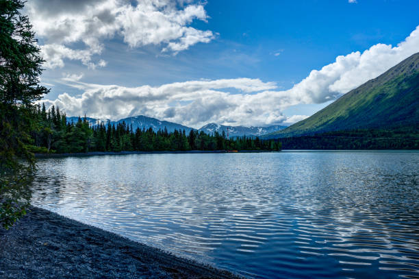 istock View across lake pond with reflection and trees with cloudy sky 868576774