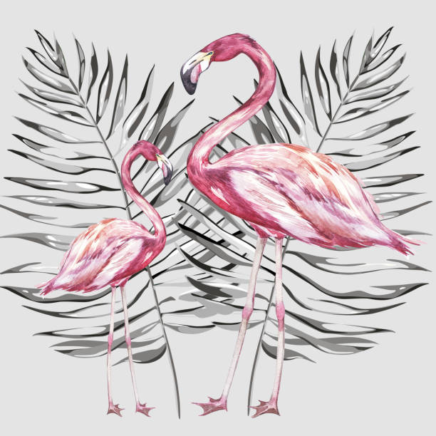 istock Two flamingos with tropical leaves.Element for design of invitations, movie posters, fabrics and other objects. 868576898
