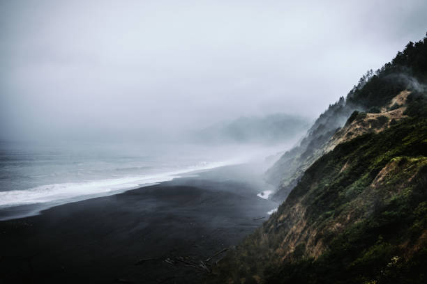 Black Sands Beach, Shelter Cove, CA View from the overlook point of this surreal location in California's Lost Coast. black sand stock pictures, royalty-free photos & images