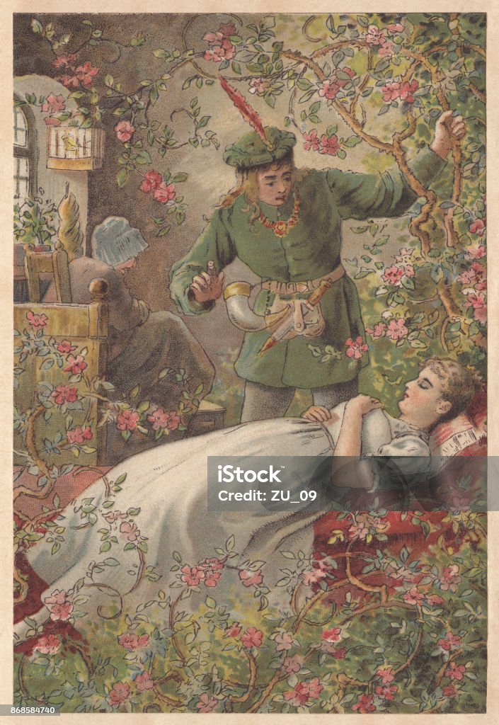 Sleeping Beauty, lithograph, published in 1891 Sleeping Beauty. A fary tale by Charles Perrault, France. Lithograph, published in 1891. Sleeping stock illustration