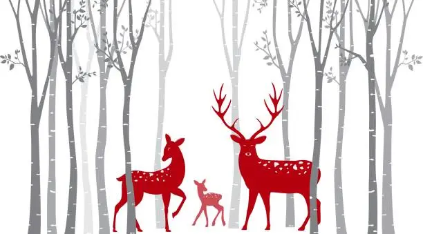Vector illustration of Red christmas deer with birch tree