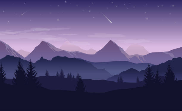 illustrazioni stock, clip art, cartoni animati e icone di tendenza di paesaggio blu e viola con sagome di montagne, colline e foreste e stelle nel cielo - illustrazione vettoriale - sky blue woods park