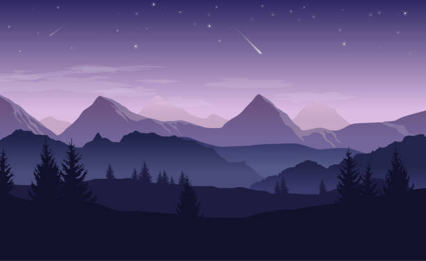 синий и фиолетовый пейзаж с силуэтами гор, холмов и леса и звезд в небе - векторная иллюстрация - layered mountain tree pine stock illustrations