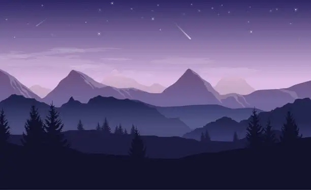 Vector illustration of Blue and purple landscape with silhouettes of mountains, hills and forest and stars in the sky - vector illustration