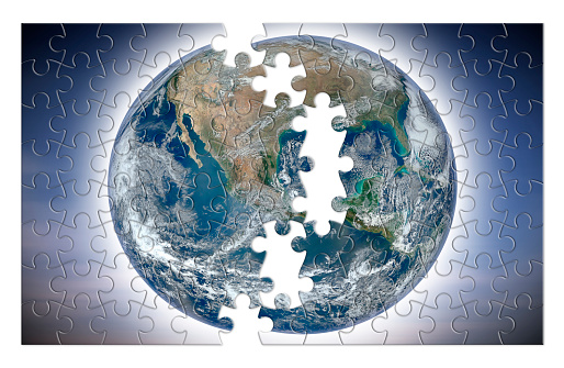Rebuild the world - concept image with elements from Nasa in jigsaw puzzle shape