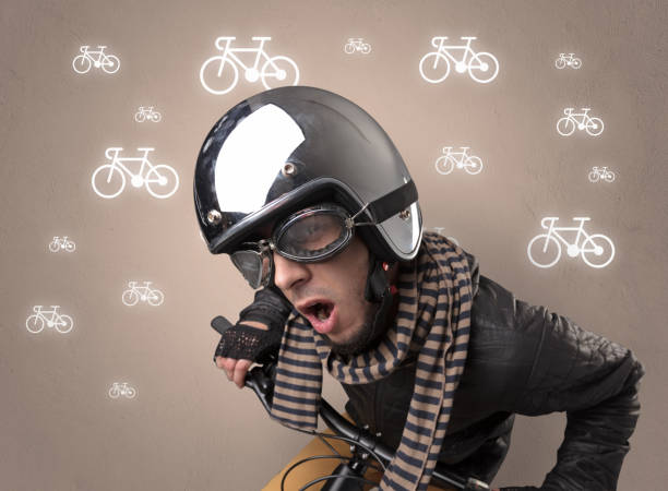 istock Lunatic cyclist with bike on the background 868595416