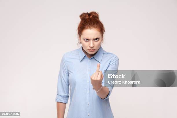 Bad Emotions Fuck Sign Redhead Bussiness Woman Stock Photo - Download Image Now - Actor, Actress, Adult