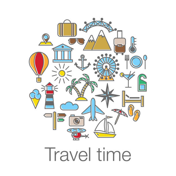 Travel time colored poster with sun, helicopter, mountain, tower, palm tree, island and balloon Travel time colored poster with sun, helicopter, mountain, tower, palm tree, island and balloon. Vector illustration isolated on white background helicopter free drawing stock illustrations