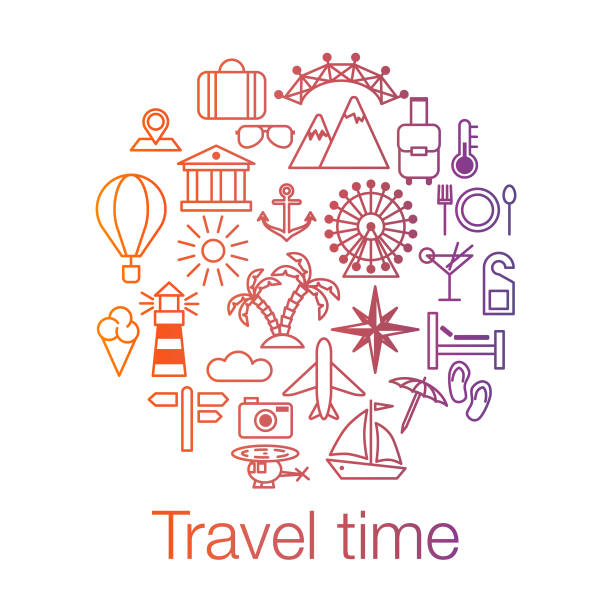 Travel time colored poster with sun, helicopter, mountain, tower, palm tree, island and balloon Travel time colored poster with sun, helicopter, mountain, tower, palm tree, island and balloon. Vector illustration isolated on white background helicopter free drawing stock illustrations