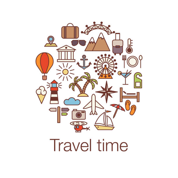 Travel time colored poster with sun, helicopter, mountain, tower, palm tree, island and balloon Travel time colored poster with sun, helicopter, mountain, tower, palm tree, island and balloon. Vector illustration isolated on white background helicopter free drawing stock illustrations