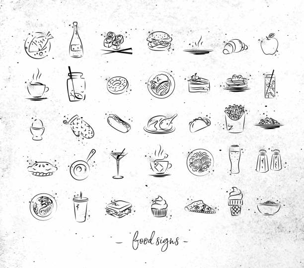 Food vintage icons Set of food icons drawing with black lines on dirty paper background soup and sandwich stock illustrations