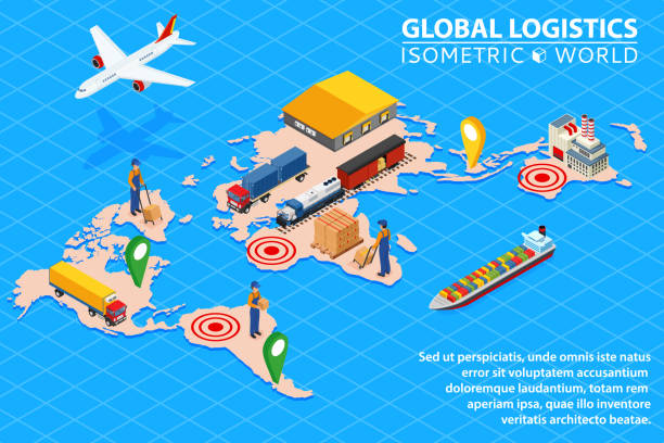 globale logistik-netzwerk flach 3d isometrische vektor-illustration set air cargo trucking schiene transport seeschifffahrt. - business global business merger globe stock-grafiken, -clipart, -cartoons und -symbole