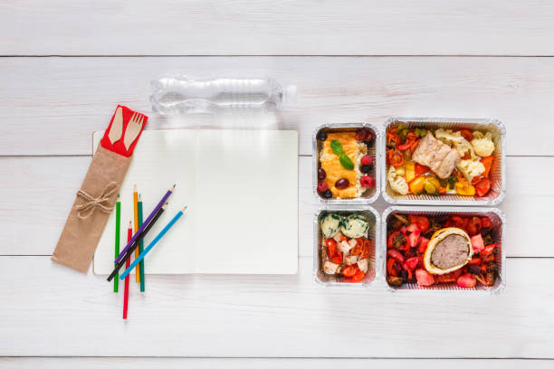 istock Healthy food, lunch in foil box on student table, diet 868618272