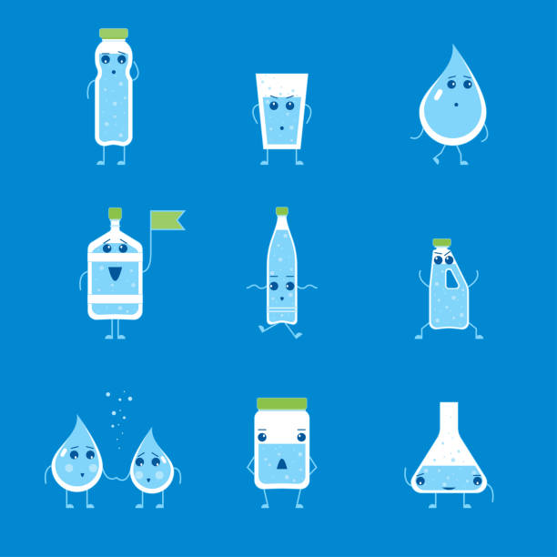 cartoon woda śmieszne emocje bottle set. wektor - drop set water vector stock illustrations