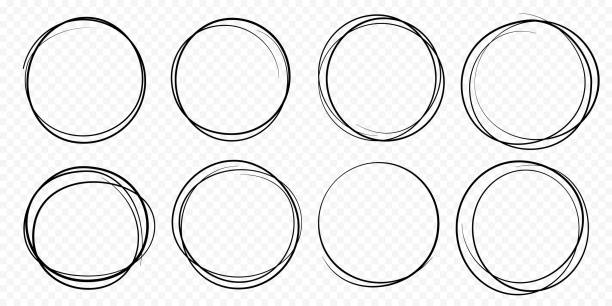 Hand drawn circle line sketch set vector circular scribble doodle round circles Hand drawn circle line sketch set. Vector circular scribble doodle round circles for message note mark design element. Pencil or pen graffiti  bubble or ball draft illustration doodles and hand drawn frames stock illustrations