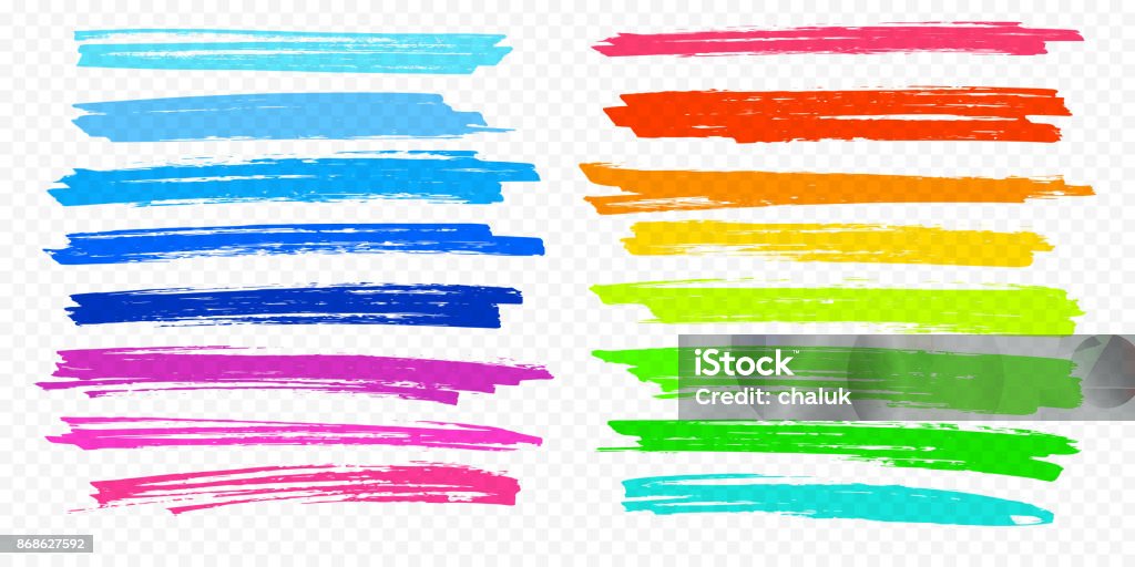 Highlight brush stroke set vector color marker pen lines underline transparent background Highlight brush underline hand drawn strokes set. Vector marker or color pen lines in yellow, red, orange, green, blue highlighter strokes on transparent background Highlighter stock vector