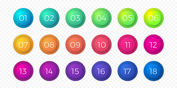 Number bullet point flat color gradient web icons set. Step circle buttons or 18 number bullet buttons vector isolated round bubbles on transparent background for web design or internet page template