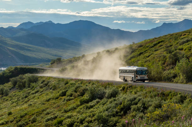 Tour bus driving on gravel road in Denali National Park, Alaska stock photo