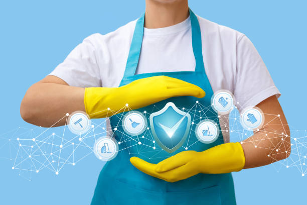travailleur avec un geste de ses mains pour protéger la qualité du travail. - protective glove washing up glove cleaning latex photos et images de collection
