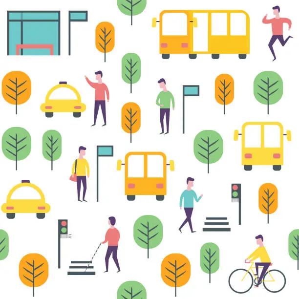 Vector illustration of Seamless transport pattern. Vector people and vechicles