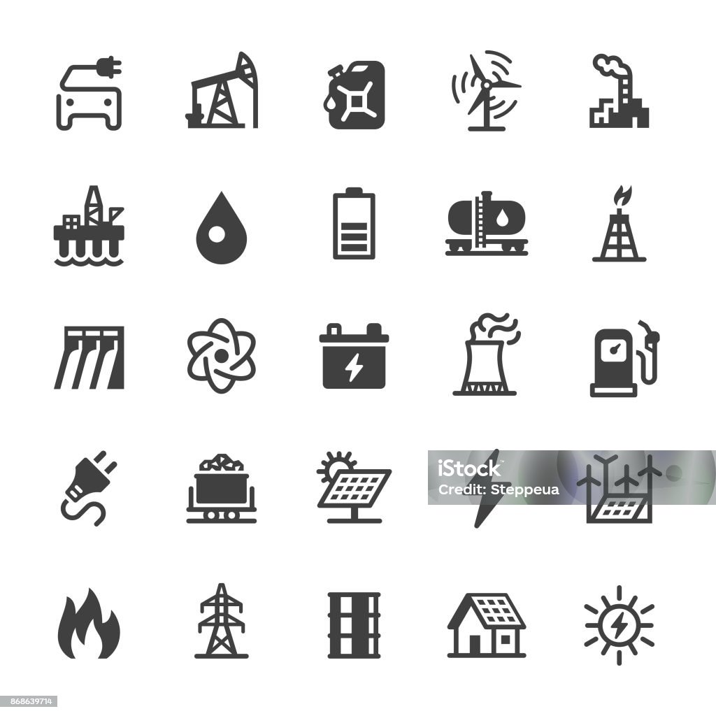 Energy icons - Black series Vector icons. Black series. One icon consists of a single object. Files included: Vector EPS 10, JPEG 3000 x 3000 px Icon Symbol stock vector