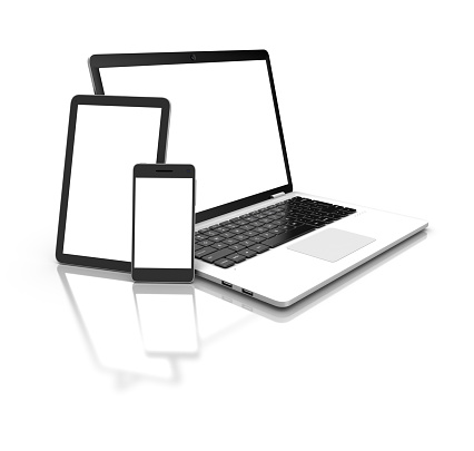Moderno ordenador portátil, tablet y smartphone aislado en blanco. Rende 3D photo