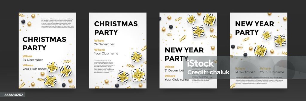 Christmas New Year winter holiday party posters vector design golden white background Christmas, New Year party invitation poster design for winter holiday celebration. Vector golden present gift, glittering star snowflake confetti or gold Xmas decorations on white background New Year stock vector